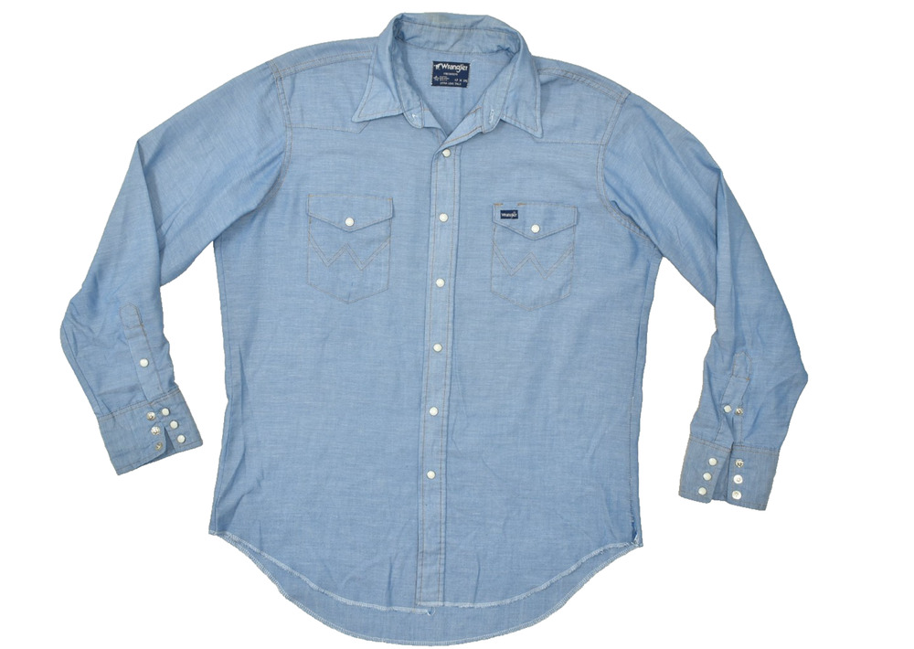 Vintage Wrangler Men's Western Cowboy Denim Shirt Regular Size 17x35 W/ Tear